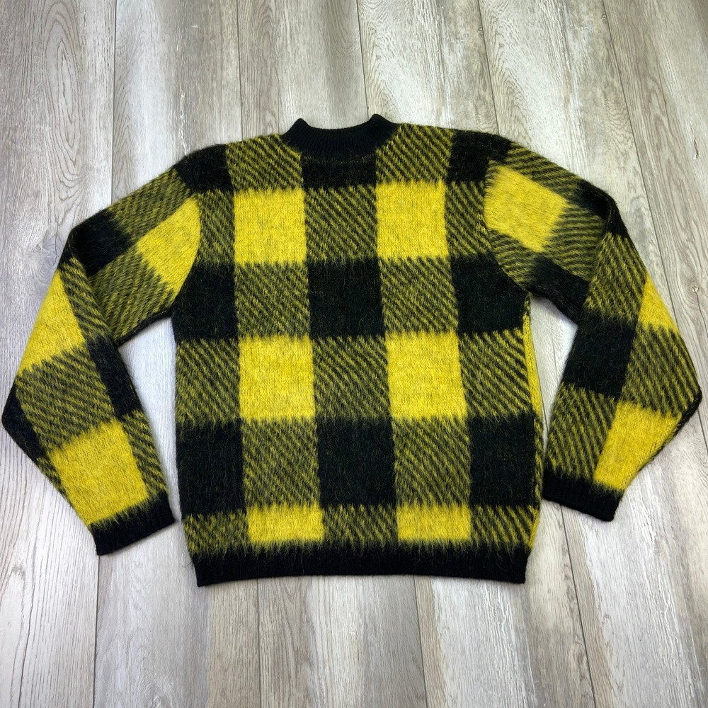 VINTAGE Arrow Sweater Womens M Yellow Black Plaid Wool Blend Grandma 60's 70's